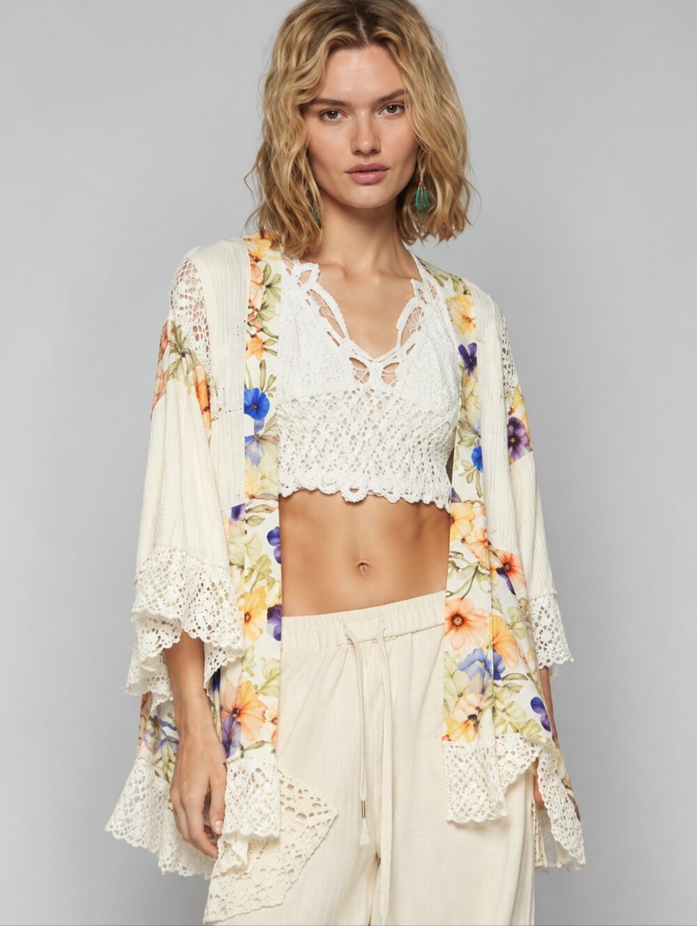 POL Floral Lace Patchwork Boho Open Front Duster Cardigan Size L